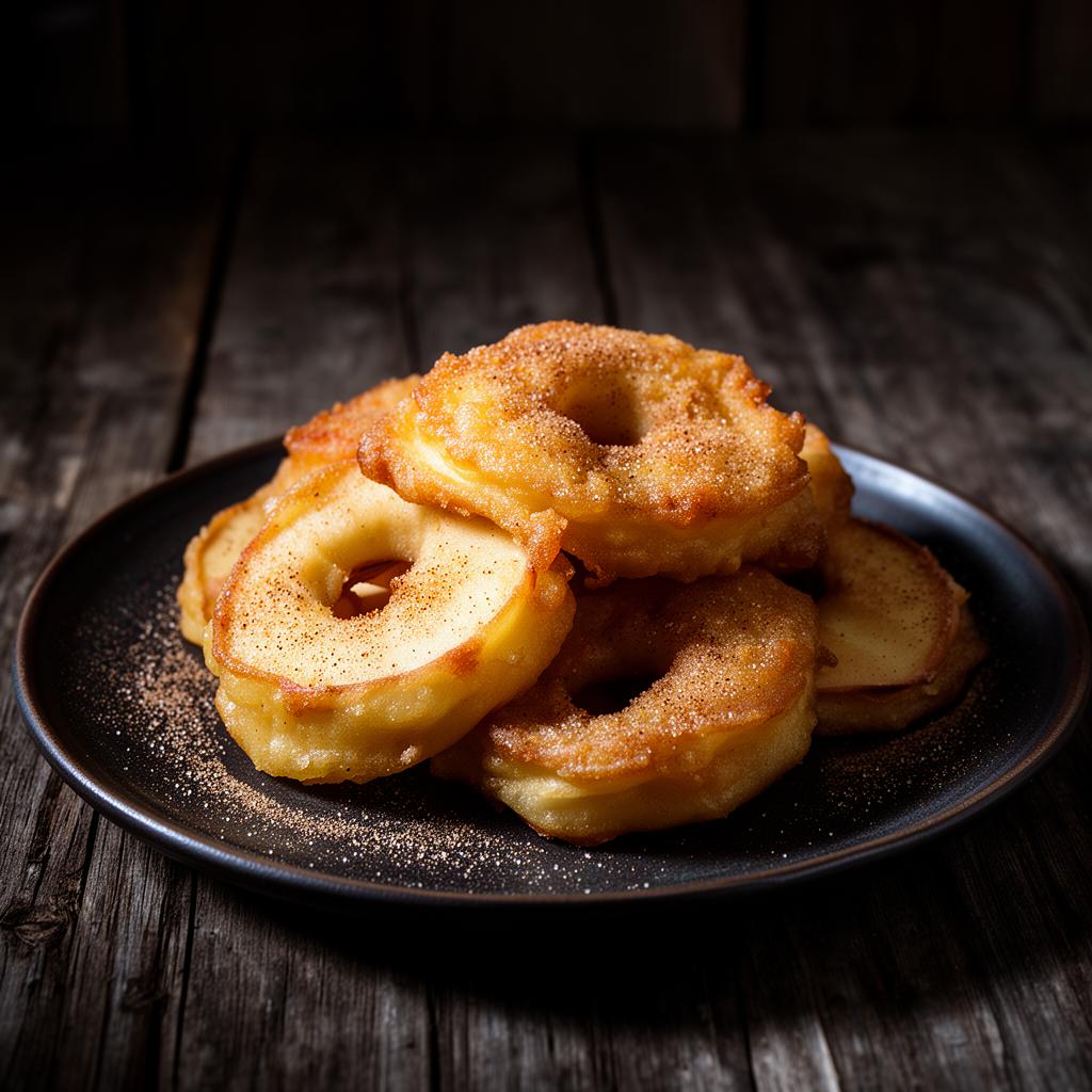 Frittelle di mele sudtirolesi dorate cosparse di zucchero alla cannella, impilate su un piatto di ceramica scura