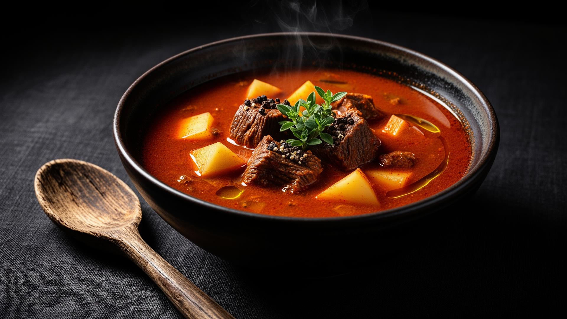 Minestra di gulasch sudtirolese fumante in una ciotola di ceramica scura, guarnita con maggiorana fresca