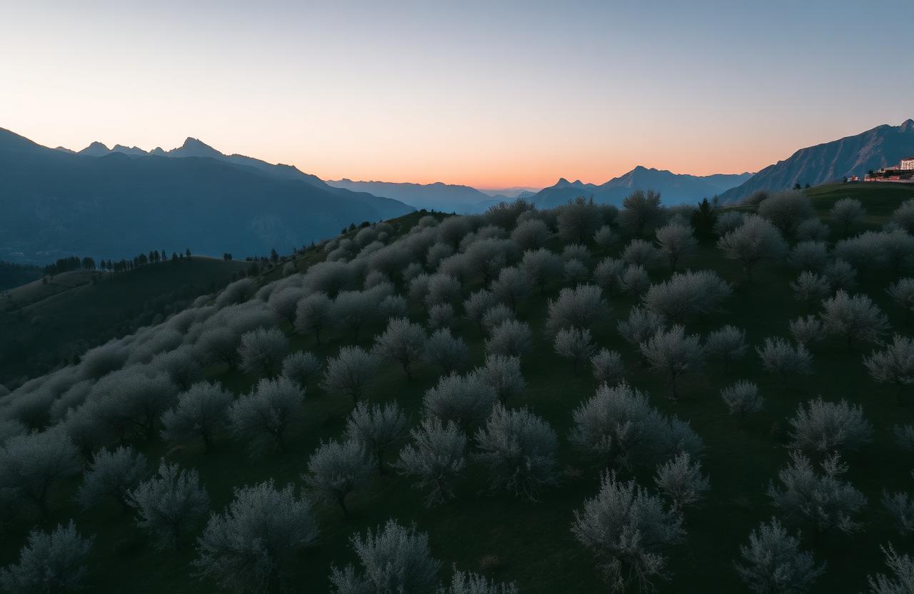 Vista aerea degli uliveti alpini al tramonto