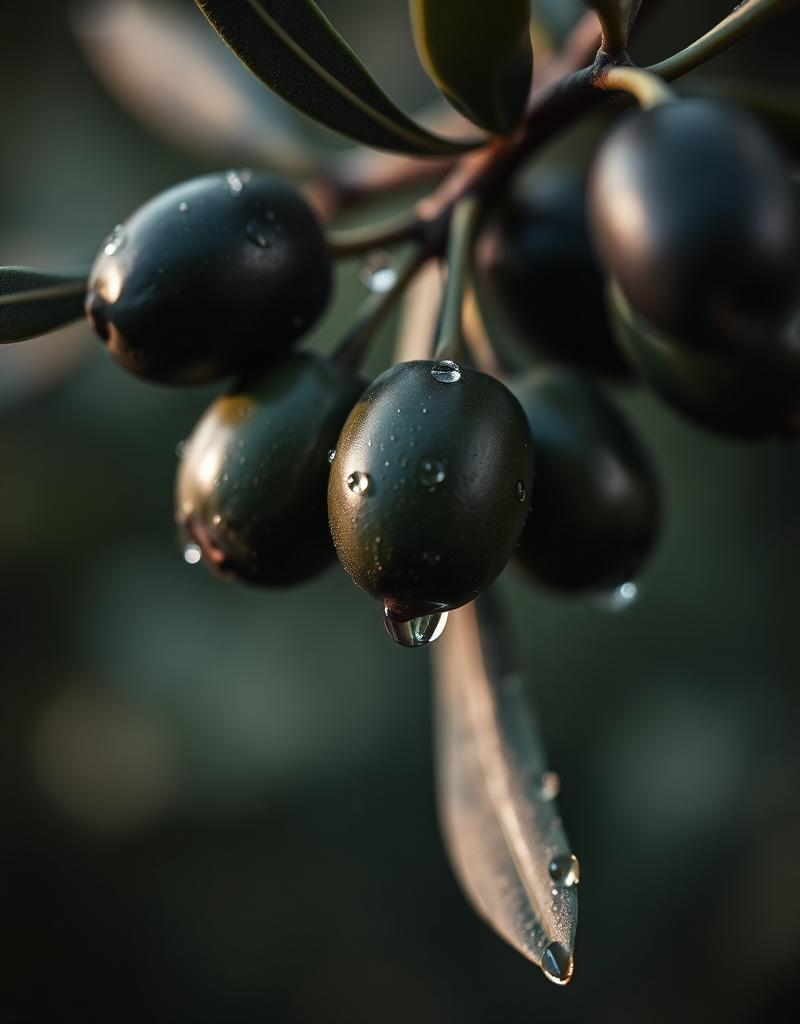 Olive scure sul ramo con rugiada