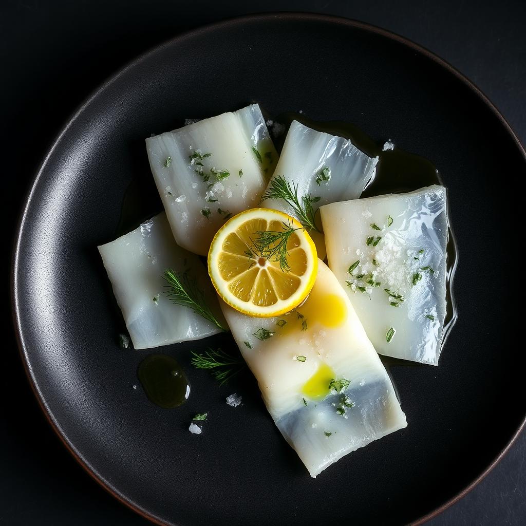 Carpaccio di branzino con scorza di limone, aneto, sale in fiocchi e Olio Marai EVO su piatto di ceramica scura