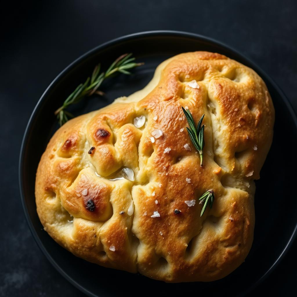 Focaccia dorata all'Olio Marai EVO con rosmarino e sale grosso su piatto di ceramica scura